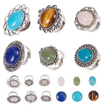 DIY Ring Making, with Vintage Adjustable Iron Finger Ring Components and Natural/Synthetic Gemstone Cabochons, Antique Silver