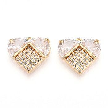 Brass Pave Clear Cubic Zirconia Charms, Heart, Real 18K Gold Plated, 13.5x14.5x3.5mm, Hole: 1.2mm