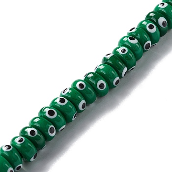 Handmade Evil Eye Lampwork Beads, Flat Round, Green, 9.5~10.5x5~5.5mm, Hole: 3.5~4mm, about 30pcs/strand, 5.71~5.91 inch(14.5~15cm)