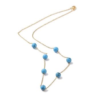 Synthetic Turquoise Beads Necklace, 304 Stainless Steel Cable Necklaces for Women, Real 24K Gold Plated, 17.72 inch(45cm)