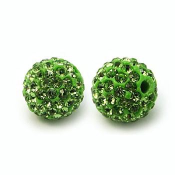 Polymer Clay Rhinestone Beads, Pave Disco Ball Beads, Grade A, Round, PP15, Peridot, PP15(2.1~2.2mm), 12mm, Hole: 2mm