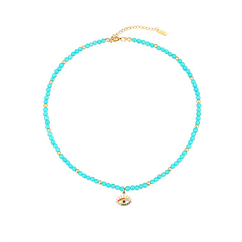 Natural Aquamarine Beaded Necklaces, with Golden Plated Metal Eye Charms, 15.75 inch(40cm), Charm: 13.7x13.8mm