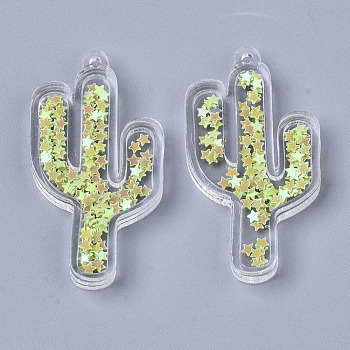 Transparent Acrylic Pendants, with Pailette/Sequins Inside, Cactus, Green Yellow, 48.5x26x6mm, Hole: 1.8mm