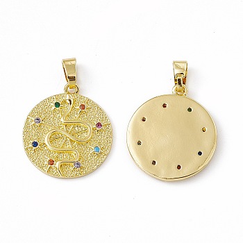 Brass Micro Pave Cubic Zirconia Pendants, with Glass Rhinestone, Flat Round with Snake Charm, Real 18K Gold Plated, 20x18x2mm, Hole: 5.5x3mm