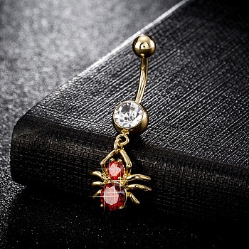 Piercing Jewelry, Brass Cubic Zirconia Navel Ring, Belly Rings, with Surgical Stainless Steel Bar, Cadmium Free & Lead Free, Real 18K Gold Plated, Spider, Red, 38x16mm, Bar: 15 Gauge(1.5mm), Bar Length: 3/8"(10mm)