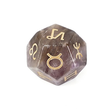 Natural Amethyst Classical 12-Sided Polyhedral Dice, Engrave Twelve Constellations Divination Game Toy, 20x20mm