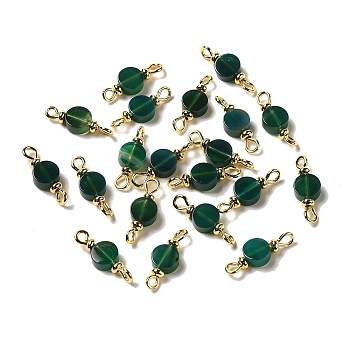 Dyed Natural Green Agate Connector Charms, Flat Round Links with Real 18K Gold Plated Brass Double Loops, 17x6x3mm, Hole: 1.5mm