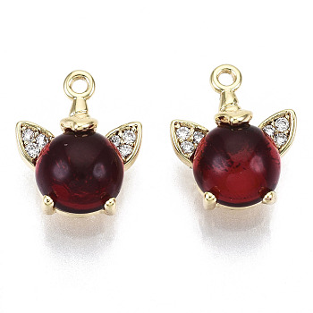 Brass Micro Pave Cubic Clear Zirconia Charms, with Glass, Nickel Free, Flat Round, Real 18K Gold Plated, Dark Red, 12x9x4.5mm, Hole: 1mm