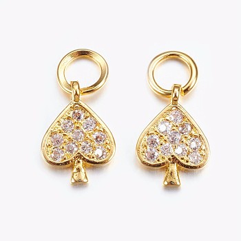 Brass Micro Pave Cubic Zirconia Charms, Heart, Golden, 10.5x7x1mm, Hole: 3mm