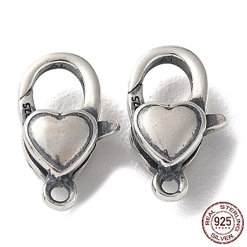 925 Thailand Sterling Silver Lobster Claw Clasps, Heart, with 925 Stamp, Antique Silver, 12.5x7.5x4mm, Hole: 1.2mm