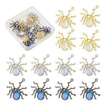18Pcs 3 Colors Halloween Rack Plating Alloy Pendants, Spider Charm, with Lilac Resin Beads, Mixed Color, 30x27x5.8mm, Hole: 1.6mm, 6pcs/color