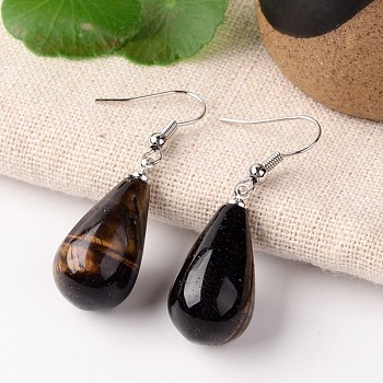 Natural Tiger Eye Teardrop Dangle Earrings, with Platinum Plated Brass Findings, 43mm, Pin: 0.7mm