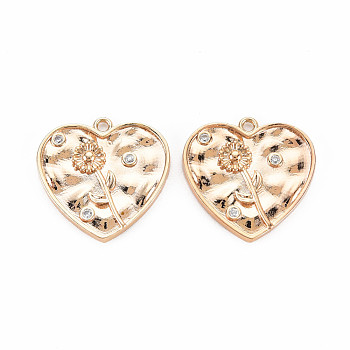 Brass Micro Pave Clear Cubic Zirconia Pendants, Nickel Free, Heart with Daisy, Real 18K Gold Plated, 20x20x2.5mm, Hole: 1.5mm