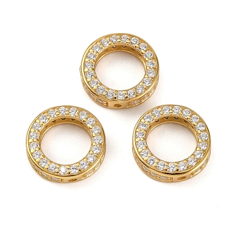 925 Sterling Silver Micro Pave Clear Cubic Zirconia Bead Frames, Flat Round, Real 18K Gold Plated, 10x3mm, Hole: 0.9mm, Inner Diameter: 6.5mm