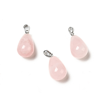 Natural Rose Quartz Pendants, with Platinum Tone Brass Findings, Teardrop Charm, 20~21x11~12mm, Hole: 6x3.5mm