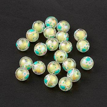 UV Plating Rainbow Iridescent Acrylic Enamel Beads, Round with Cat Paw Print, Yellow, 15~16mm, Hole: 2.3mm