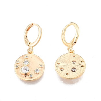 Clear Cubic Zirconia Flat Round Dangle Leverback Earrings, Brass Jewelry for Women, Cadmium Free & Nickel Free & Lead Free, Real 18K Gold Plated, 29mm, Pin: 1mm