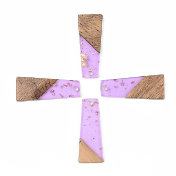 Transparent Resin & Walnut Wood Pendants, with Gold Foil, Trapezoid, Lilac, 30x12x3mm, Hole: 2mm