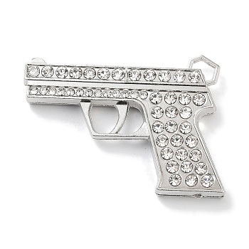 Alloy Rhinestone Pendants, Gun Shapes, Platinum, 36x50x7mm, Hole: 2x5mm