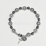 Alloy Charm Bracelets, Alloy & Synthetic Non-magnetic Hematite Beaded Stretch Bracelets for Men Women, Cross & Flat Round with Saint Benedict, Antique Silver, Inner Diameter: 3-1/8 inch(8cm)(FS-WG269AA-01)