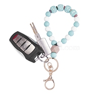 Silicone Round Beaded Keychain Wristlet, Letter Love Natural Lava Rock Beads Keychain, with Alloy Keychain Clasps Finding, Medium Aquamarine, 20.08cm(KEYC-SW00006-02)