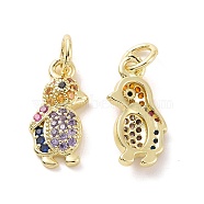 Brass Micro Pave Cubic Zirconia Pendants, with Jump Ring, Real 18K Gold Plated, Penguin Charms, Colorful, 14.5x7x3mm, Jump Ring: 5x0.8mm, Inner Diameter: 3.2mm(KK-E068-VF120)