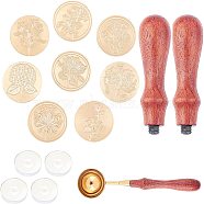 DIY Flower Theme Letter Seal Kits, with Brass Wax Seal Stamp Heads, Rosewood Handle, Candle and Sealing Stamp Wax Spoons, Golden, Stamp Head: 25x14mm, 8pcs/set(DIY-CP0003-30)