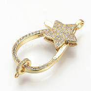 Brass Micro Pave Cubic Zirconia Lobster Claw Clasps, Star, Golden, 37x20x7mm, Hole: 3mm(ZIRC-S058-11G)