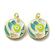 Real 18K Gold Plated Brass Pendants, with Cubic Zirconia and Enamel, Flat Round with Evil Eye Charms, White, 21x18.5x4mm, Hole: 3.5mm(KK-L209-009G-02)