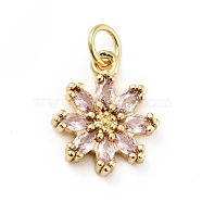 Rack Plating Brass Micro Pave Cubic Zirconia Charms, Long-Lasting Plated, Lead Free & Cadmium Free, Real 18K Gold Plated, Flower, Pink, 14.5x12x3mm, Hole: 3mm(ZIRC-F129-34B-G)