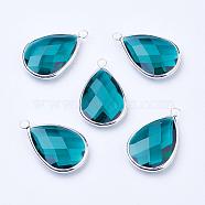 Silver Color Plated Brass Glass Teardrop Pendants, Faceted, Teal, 18x10x5mm, Hole: 2mm(GLAA-M006-A-03S)