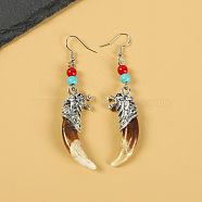 Natural Gemstone Wolf Tooth Shape Dangle Earrings with Real Tibetan Mastiff Dog Tooth(FX9729-8)