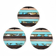 Transparent Resin & Walnut Wood Pendants, with Gold Foil, Flat Round Charm, Turquoise, 30x3.5mm, Hole: 2mm(RESI-N039-03B)