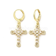 Cross Real 18K Gold Plated Brass Dangle Leverback Earrings, with Cubic Zirconia and Glass, Clear, 39x17.5mm(EJEW-L268-036G-03)