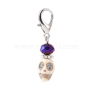 Halloween Synthetic Magnesite Skull Pendants Decorations, with Electroplate Transparent Glass Beads, Lobster Clasp Charms, for Keychain, Purse, Backpack Ornament, Floral White, 37mm, Skull: 12x12x9mm(HJEW-JM00817)