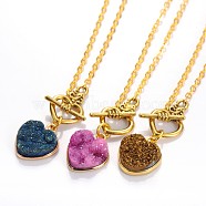 Valentine's Day Heart Electroplate Natural Druzy Crystal Lariat Necklaces, with Brass Cable Chains and Alloy Toggle Clasps, Mixed Color, 16.9 inch(NJEW-JN01143)