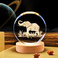 Glass 3D Laser Engraved Elephant Crystal Ball with Wood Stand, for Home Desktop Decoration, Clear, 60mm(ELEP-PW0001-67)