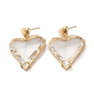 Brass Dangle Stud Earrings, Glass Heart Drop Earrings, Light Gold, 35x26mm(EJEW-C073-10KCG)