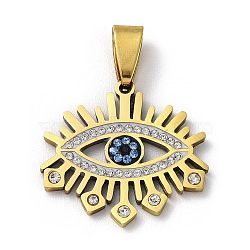 201 Stainless Steel Pendants, with Rhinestone, Eye Charm, Golden, 22.5x24.5x3mm, Hole: 9x4.5mm(STAS-E200-08G)