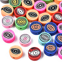 Handmade Polymer Clay Beads, Flat Round with Eye, Mixed Color, 9~10x4~4.5mm, Hole: 1.6mm(X-CLAY-N009-034)