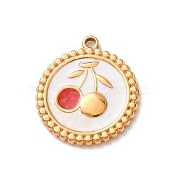 304 Stainless Steel Enamel Pendants, Flat Round with Cherry Pattern Charms, Golden, 21x19x2mm, Hole: 1.5mm(SA-CBA46B2-03G)