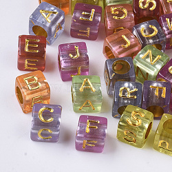 Transparent Plated Acrylic Beads, Horizontal Hole, Cube with Random Initial Letter, Mixed Color, 6x6x6mm, Hole: 3.5mm, about 3050~3090pcs/500g(MACR-S299-053)