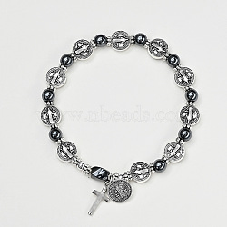 Alloy Charm Bracelets, Alloy & Synthetic Non-magnetic Hematite Beaded Stretch Bracelets for Men Women, Cross & Flat Round with Saint Benedict, Antique Silver, Inner Diameter: 3-1/8 inch(8cm)(FS-WG269AA-01)