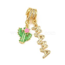 Mother's Day Brass Micro Pave Clear Cubic Zirconia Pendants, with Enamel, Word MAMA with Cactus Charms, Rack Plating, Long-Lasting Plated, Cadmium Free & Lead Free, Colorful, Real 18K Gold Plated, 37mm, Hole: 3mm(CU-CBAD306-16G-02)