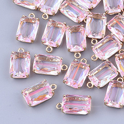 Transparent Glass Pendants, with Brass Findings, Faceted, Rectangle, AB Color Plated, Light Gold, Pearl Pink, 17.5x10x6.5mm, Hole: 1.6mm(GLAA-T007-20D)