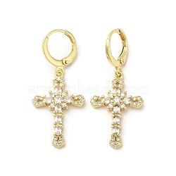 Cross Real 18K Gold Plated Brass Dangle Leverback Earrings, with Cubic Zirconia and Glass, Clear, 39x17.5mm(EJEW-L268-036G-03)