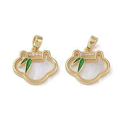 Brass & Shell & Clear Cubic Zirconia Charms, with Enamel, Longevity Lock Charms, Real 18K Gold Plated, 14.5x16x3mm, Hole: 2.8x4.5mm(KK-G497-18G)