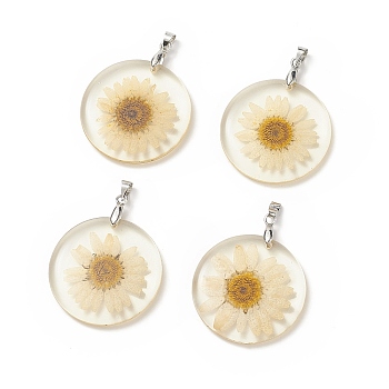 Alloy Resin Pendants, Flat Round Charms, with Dried Flower inside, Platinum, Moccasin, 39x32x4.5mm, Hole: 4x4mm