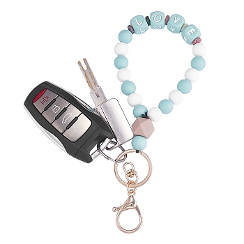 Silicone Round Beaded Keychain Wristlet, Letter Love Natural Lava Rock Beads Keychain, with Alloy Keychain Clasps Finding, Medium Aquamarine, 20.08cm