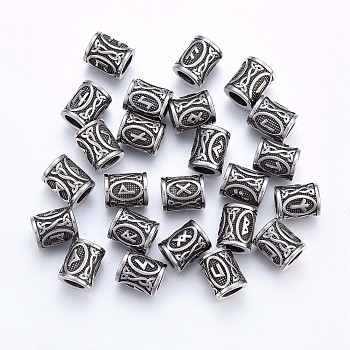 304 Stainless Steel Beads, Viking Runes Beads for Hair Beards, Dreadlocks Hair Braiding, Column with Rune/Futhark/Futhorc, Antique Silver, 16x13mm, Hole: 8mm